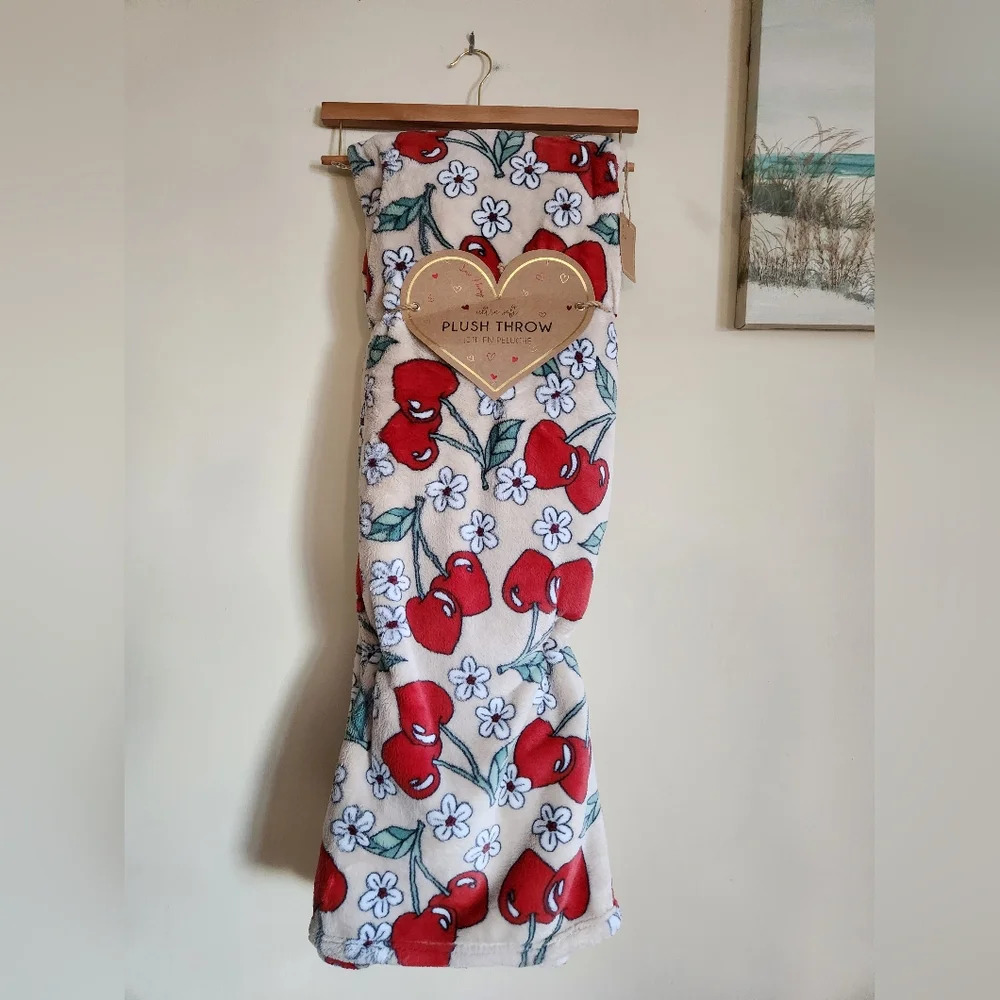 Cherry hearts plush throw blanket tan red 60